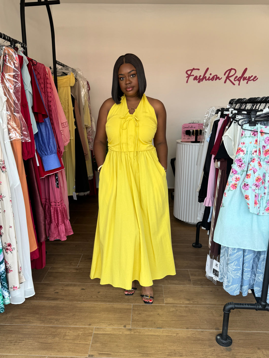 Yellow open back maxi dress