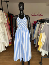 Load image into Gallery viewer, Blue and white striped open back maxi flair dress
