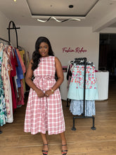 Load image into Gallery viewer, Red and white square belted midi flair dress
