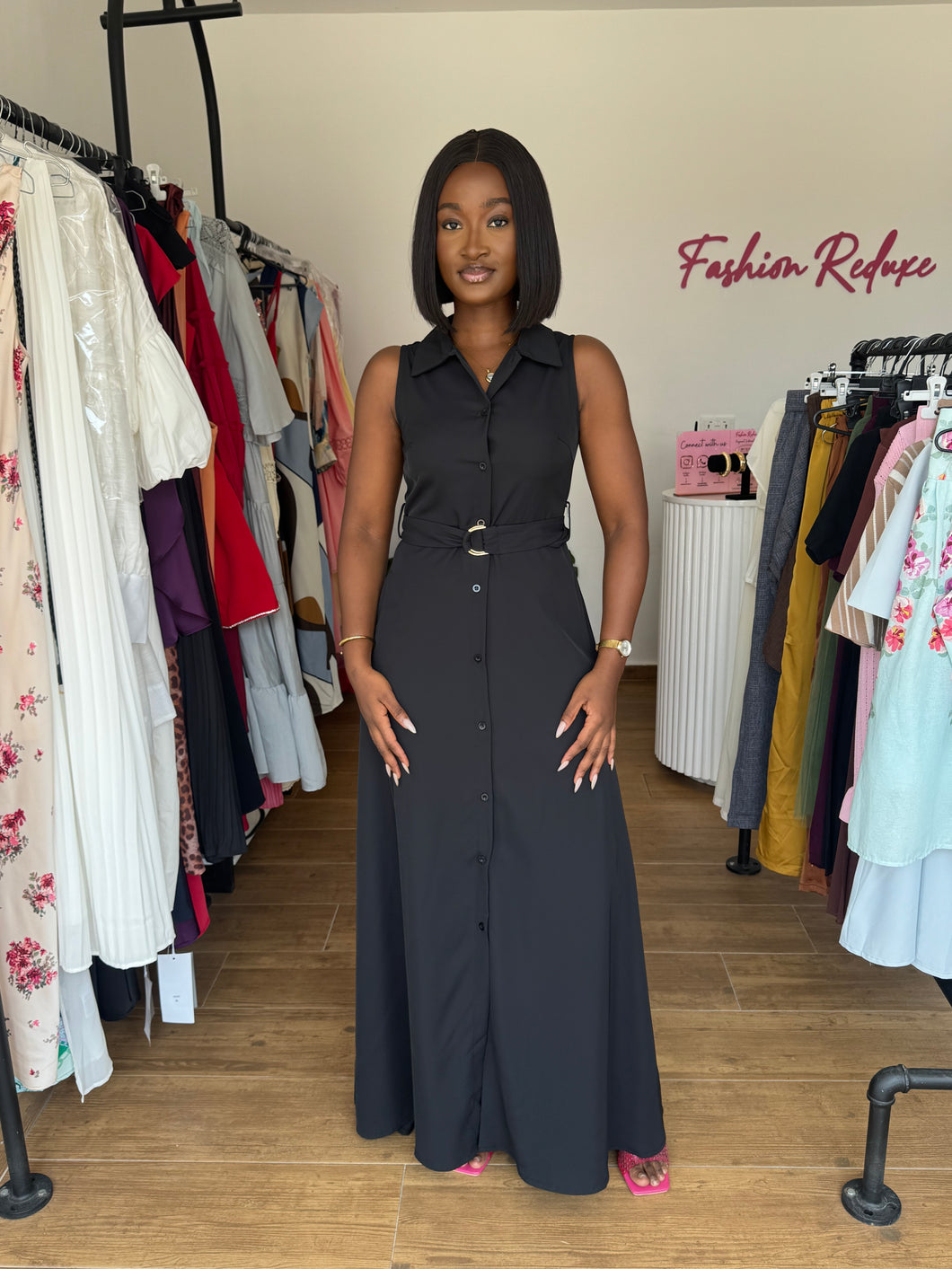 Black belted maxi dress