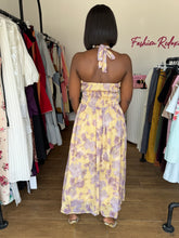 Load image into Gallery viewer, Yellow and purple floral chiffon midi open back dress
