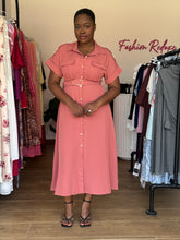 Load image into Gallery viewer, Coral gold detail belted shirt dress
