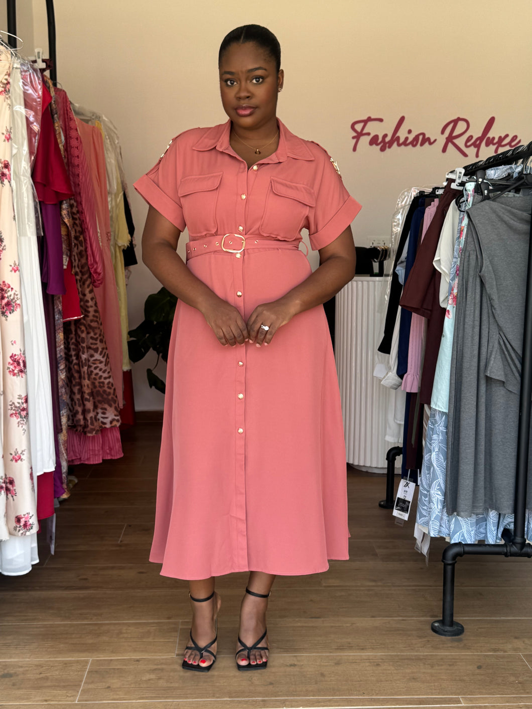 Coral gold detail belted shirt dress