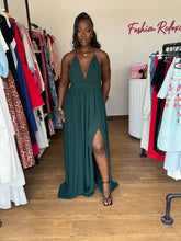 Load image into Gallery viewer, Green chiffon maxi open back front slit dress
