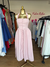Load image into Gallery viewer, Pink button down open back midi flair dress
