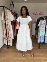 Load image into Gallery viewer, White puff sleeves midi flair dress
