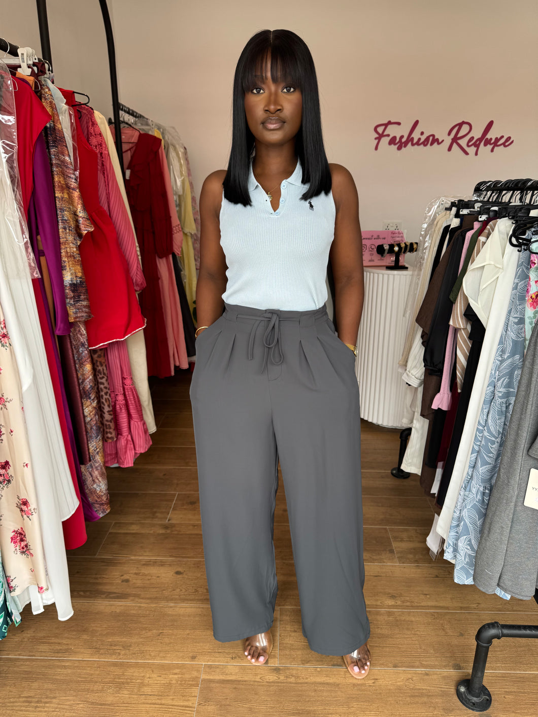 Grey tie waist trousers