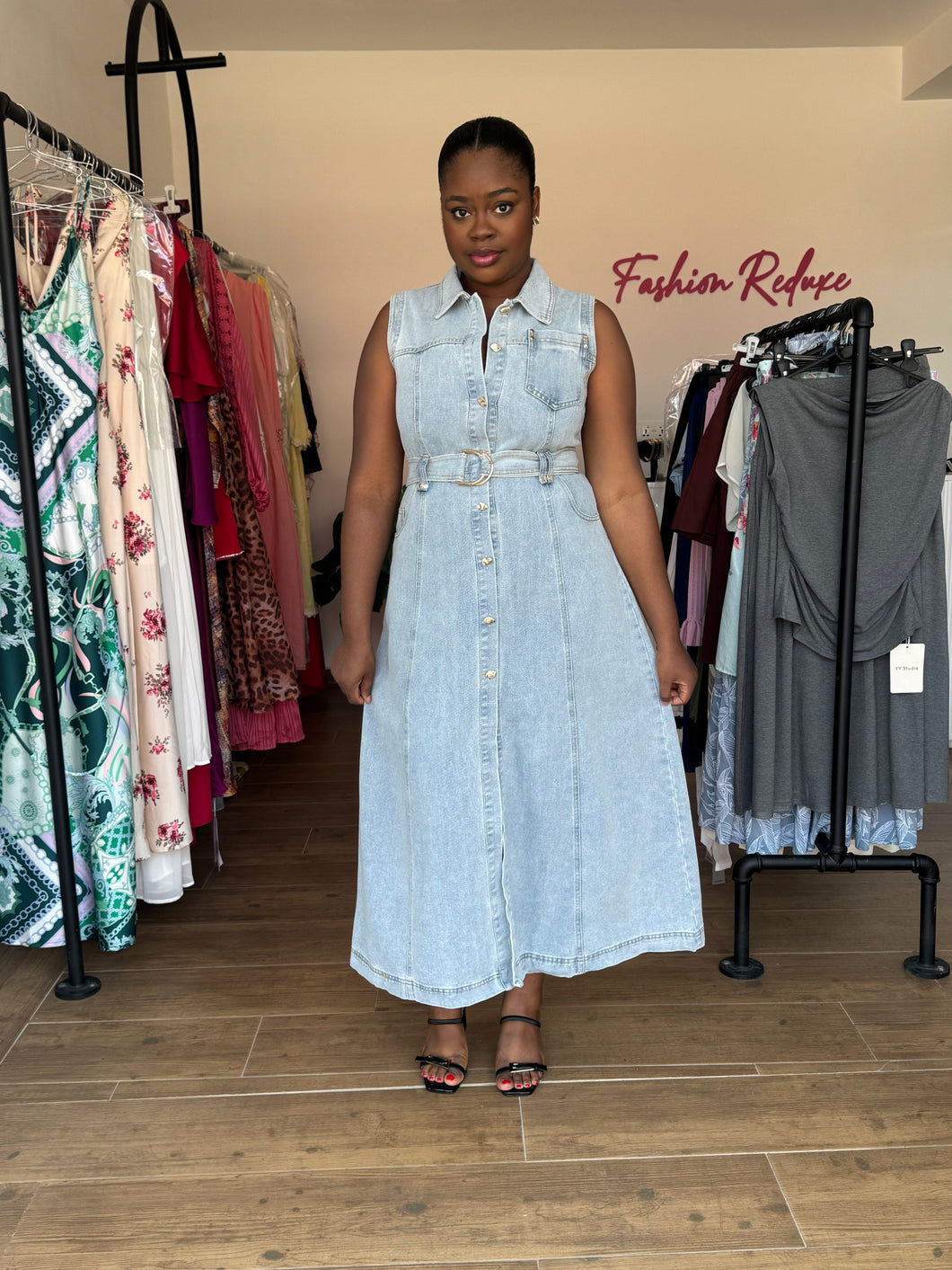 Denim maxi belted dress