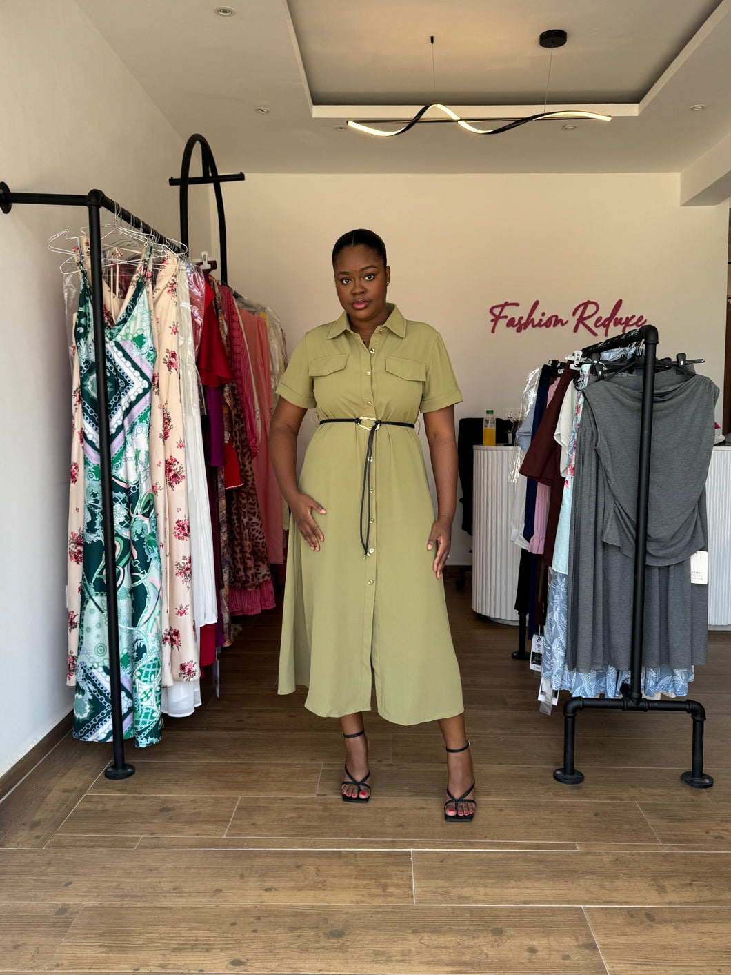 Green leather belt midi shirt dress