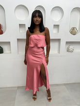 Load image into Gallery viewer, Pink midi satin sleeveless thigh slit dress
