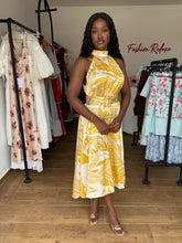 Load image into Gallery viewer, Yellow and white satin belted midi flair dress
