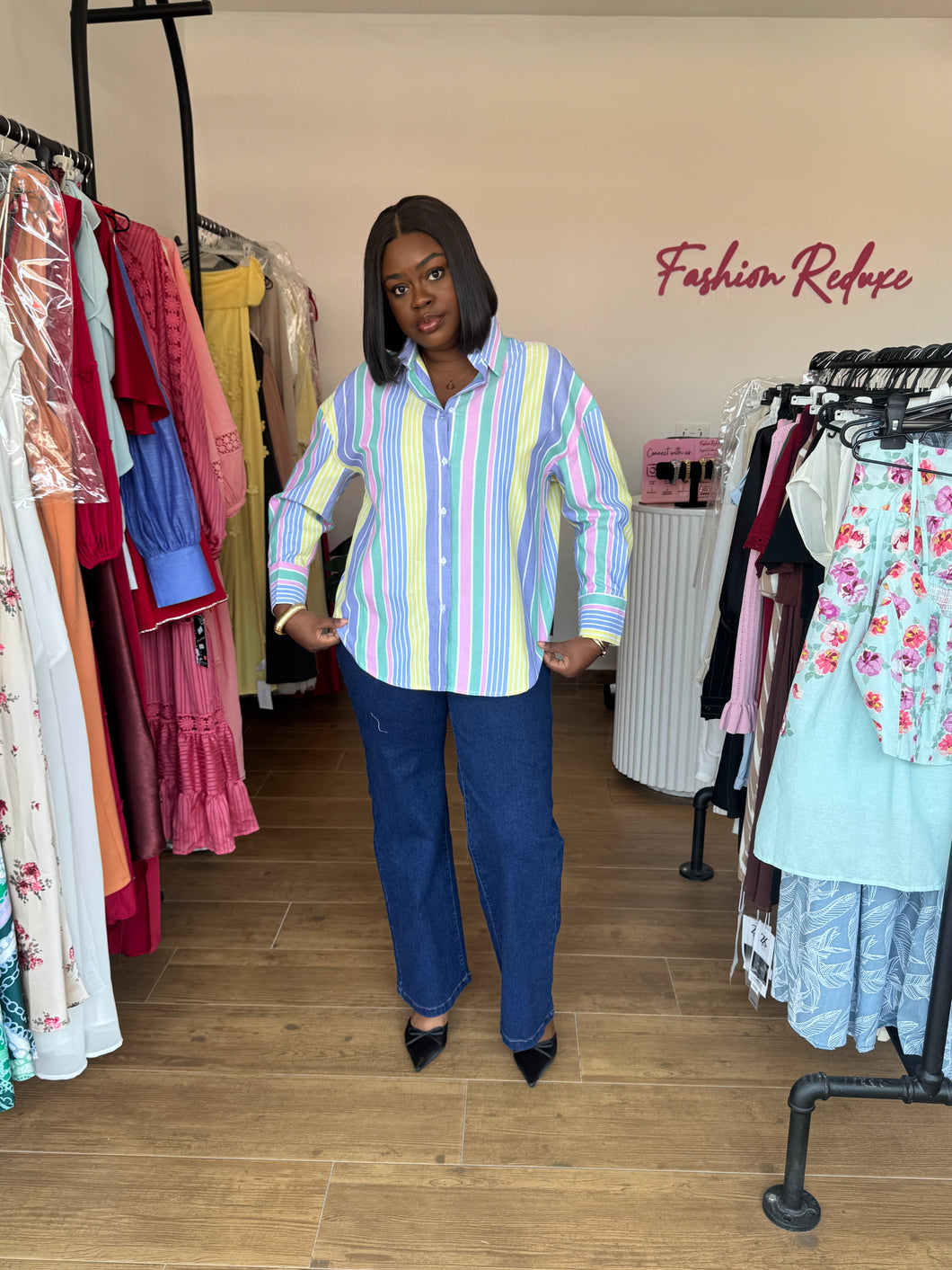 Yellow and blue multicolored longsleeves pleated sleeves shirt