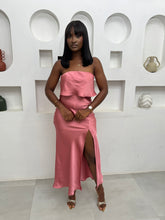 Load image into Gallery viewer, Pink midi satin sleeveless thigh slit dress
