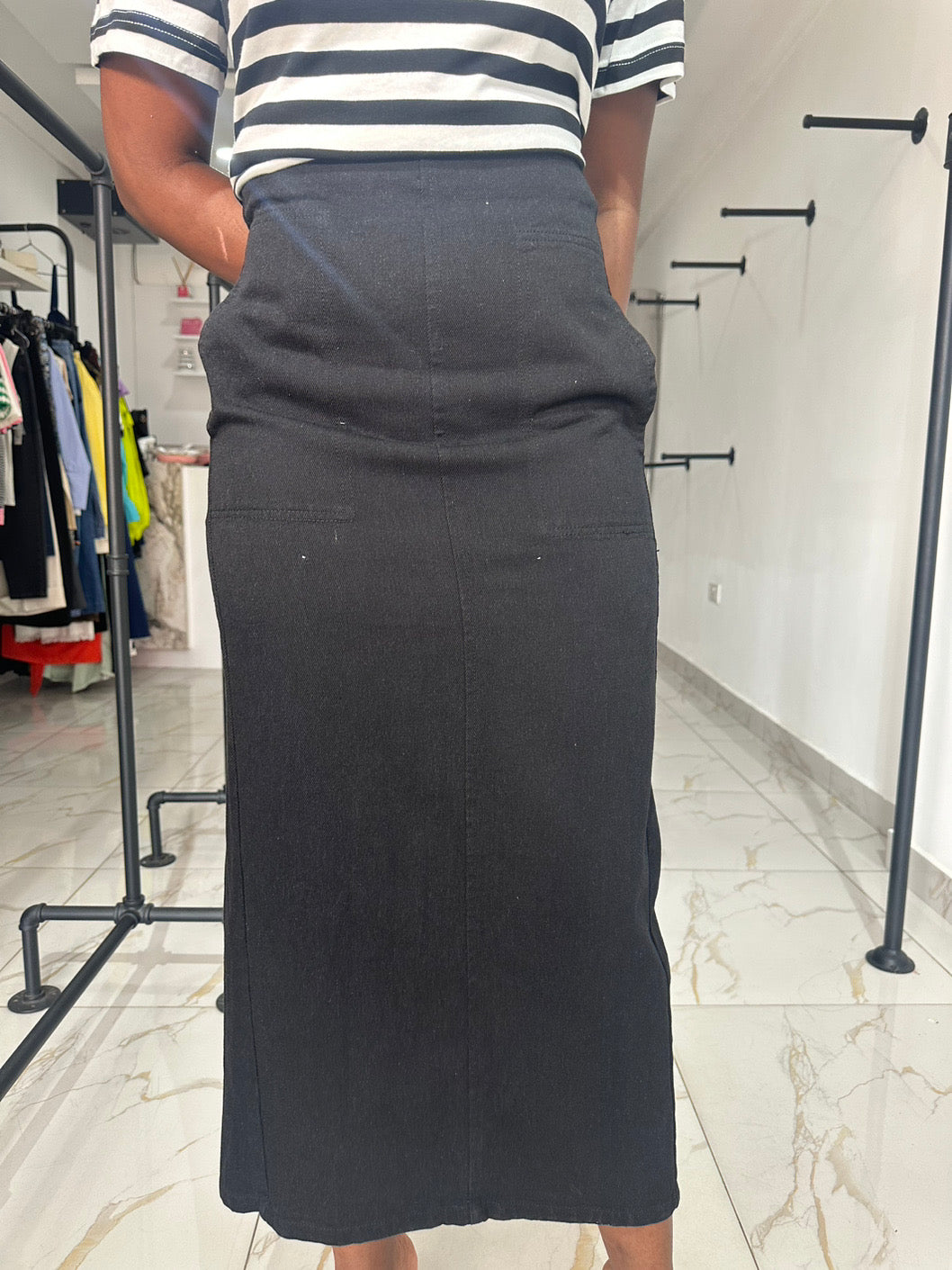 Black denim maxi skirt