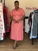 Load image into Gallery viewer, Coral gold detail belted shirt dress
