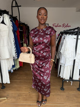 Load image into Gallery viewer, Maroon floral midi satin dress
