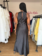 Load image into Gallery viewer, Black floral detail maxi satin dress
