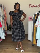 Load image into Gallery viewer, Black and white polka dot belted dress
