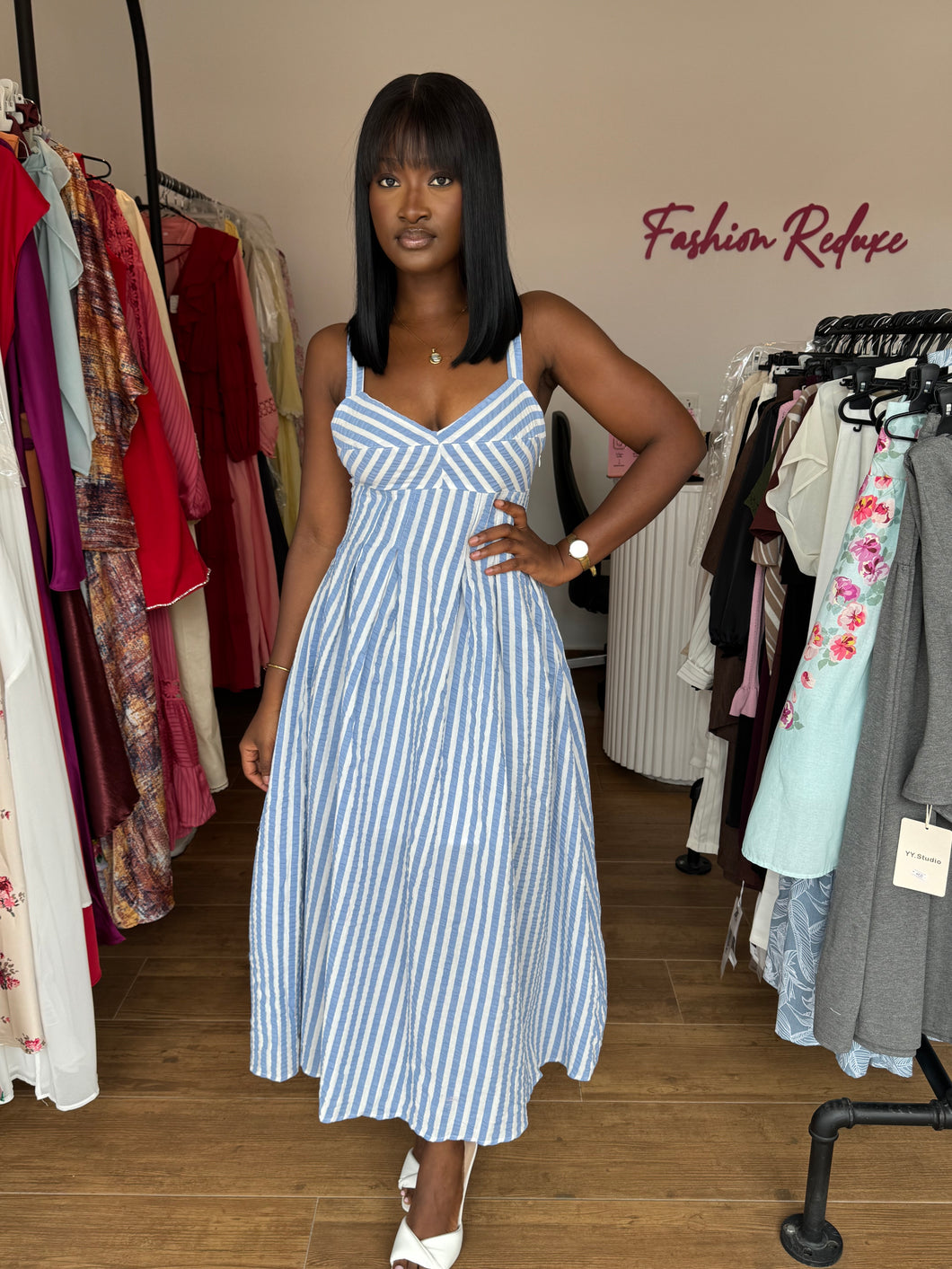 Blue and white midi flair open back dress
