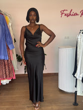 Load image into Gallery viewer, Black maxi satin open back dress
