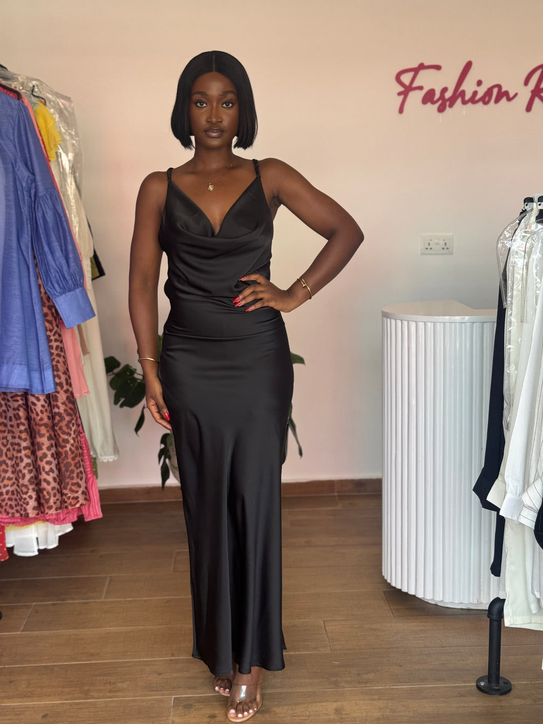 Black maxi satin open back dress