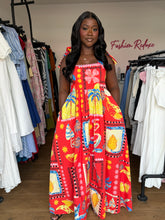 Load image into Gallery viewer, Red and yellow pattern tie up maxi dress

