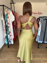Load image into Gallery viewer, Olive green one arm open back dress

