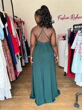 Load image into Gallery viewer, Green chiffon maxi open back front slit dress
