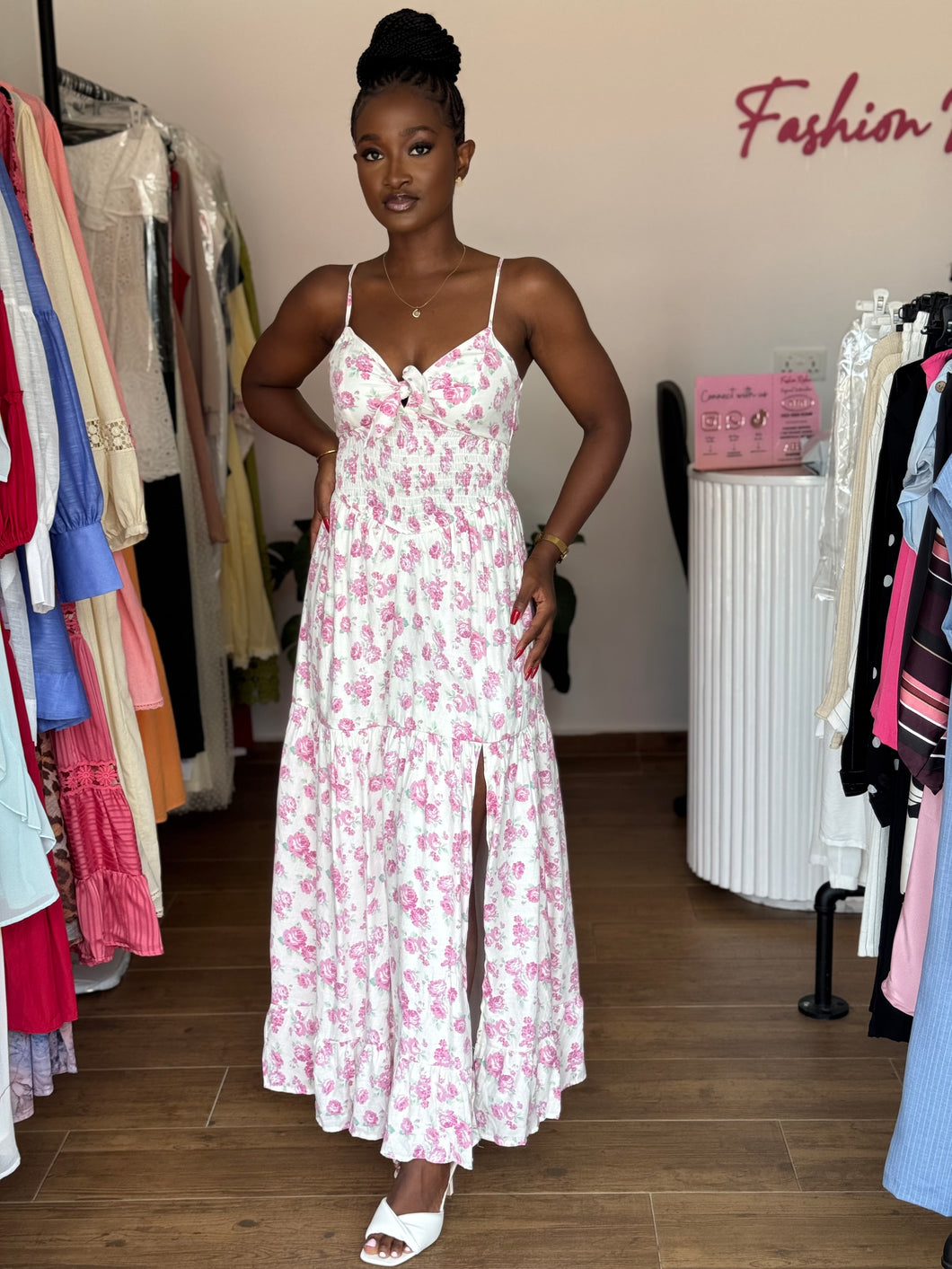 Pink and white floral maxi dress