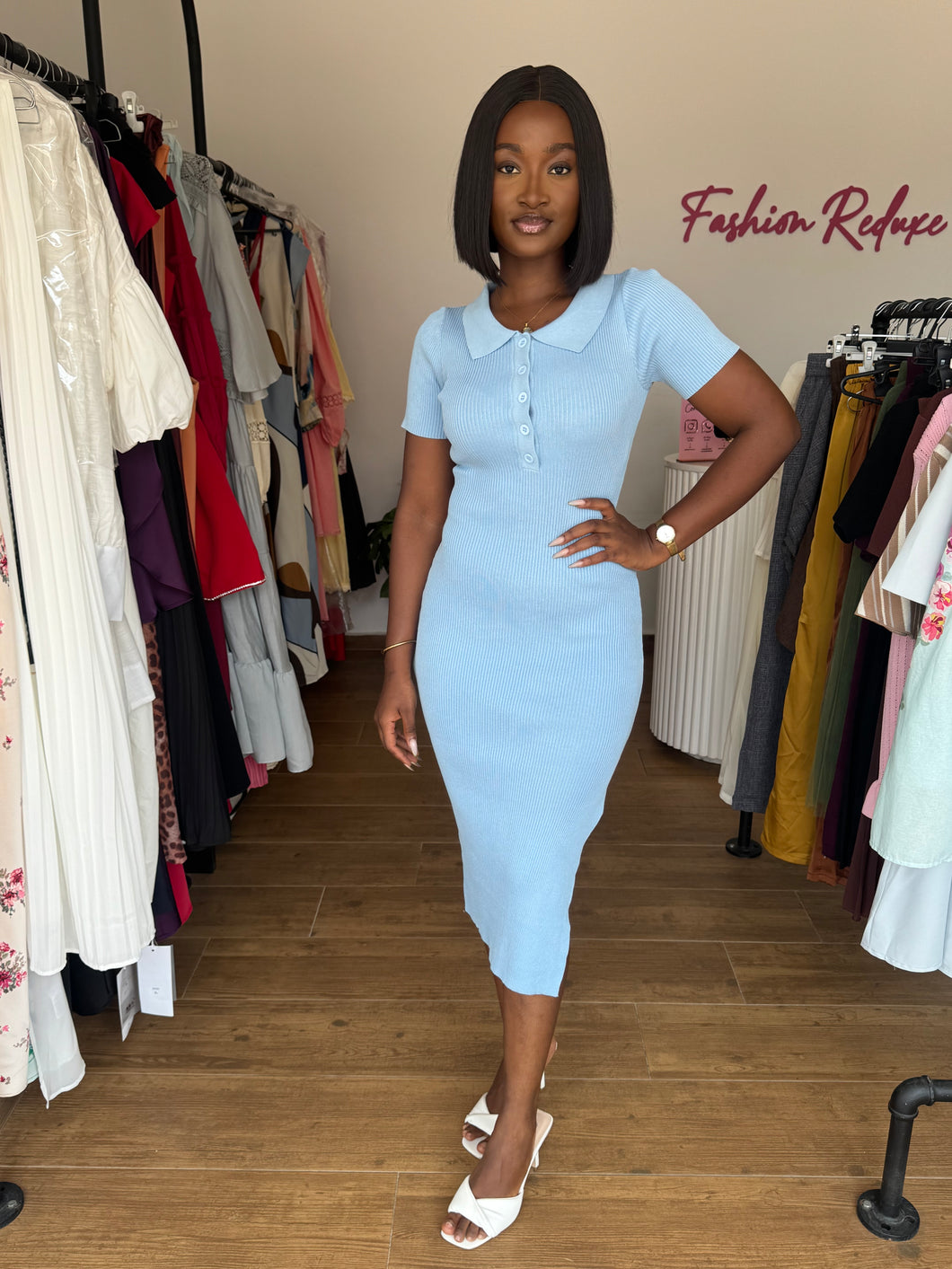 Blue ribbed polo midi dress