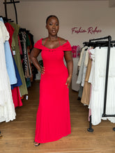 Load image into Gallery viewer, Red mesh maxi off shoulder dress
