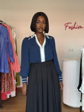 Load image into Gallery viewer, Navy blue with white detail chiffon blouse

