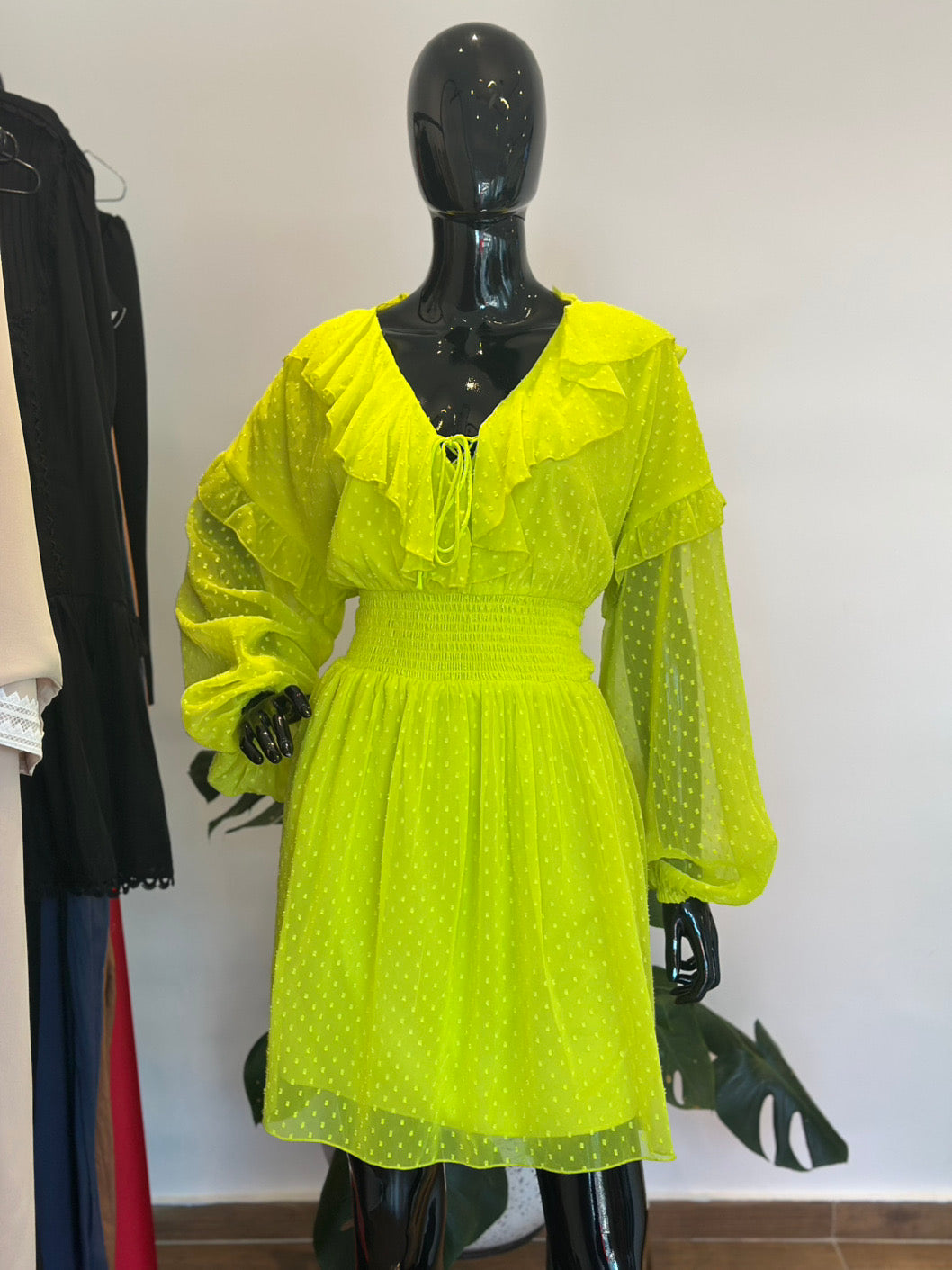 Green chiffon mini flair dress