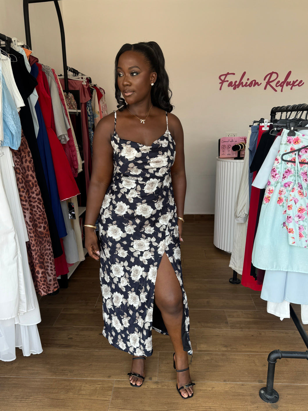 Navy blue floral lace back satin midi dress