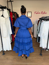 Load image into Gallery viewer, Blue puff sleeves belted dress
