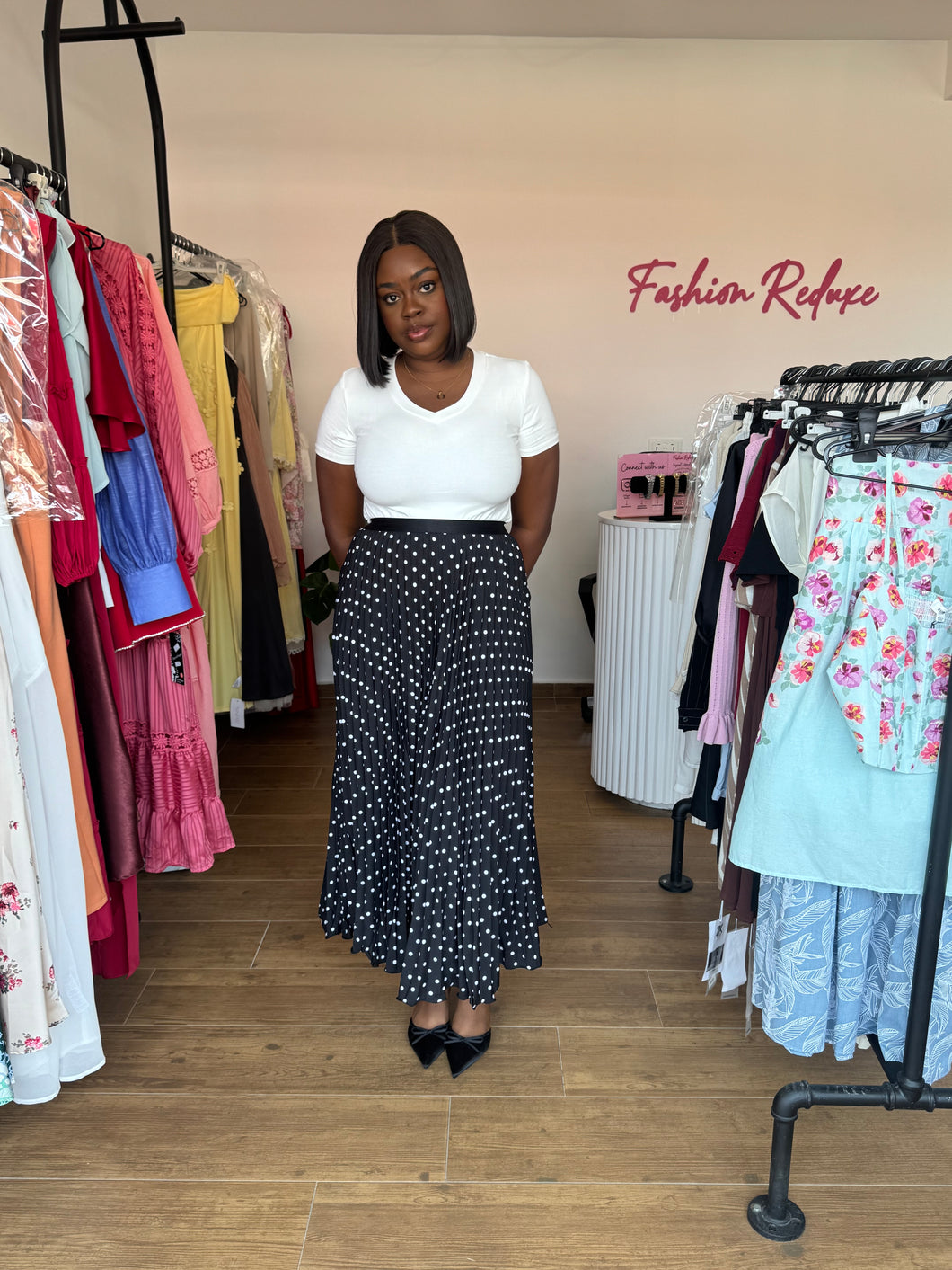 Black and white maxi pleated polka dot skirt