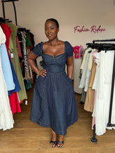 Load image into Gallery viewer, Denim midi flair belted dress
