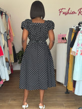 Load image into Gallery viewer, Black and white polka dot belted dress
