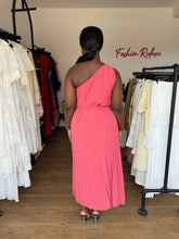 Load image into Gallery viewer, Pink one arm pleated midi belted dress
