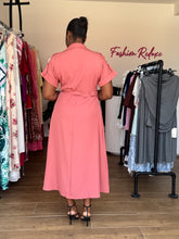 Load image into Gallery viewer, Coral gold detail belted shirt dress
