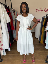 Load image into Gallery viewer, White belted midi flair dress
