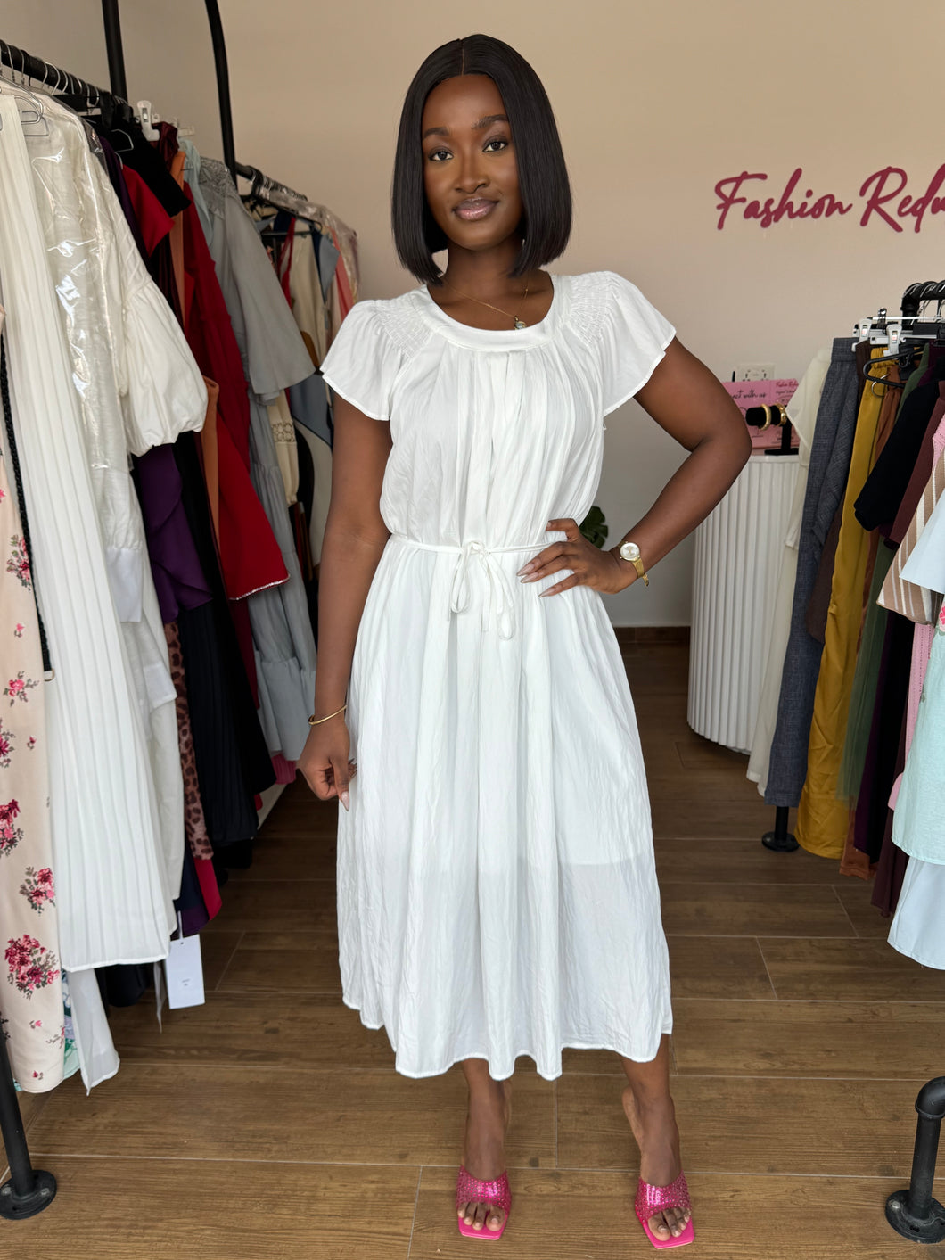 White belted midi flair dress