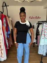Load image into Gallery viewer, Black high slit white detail top
