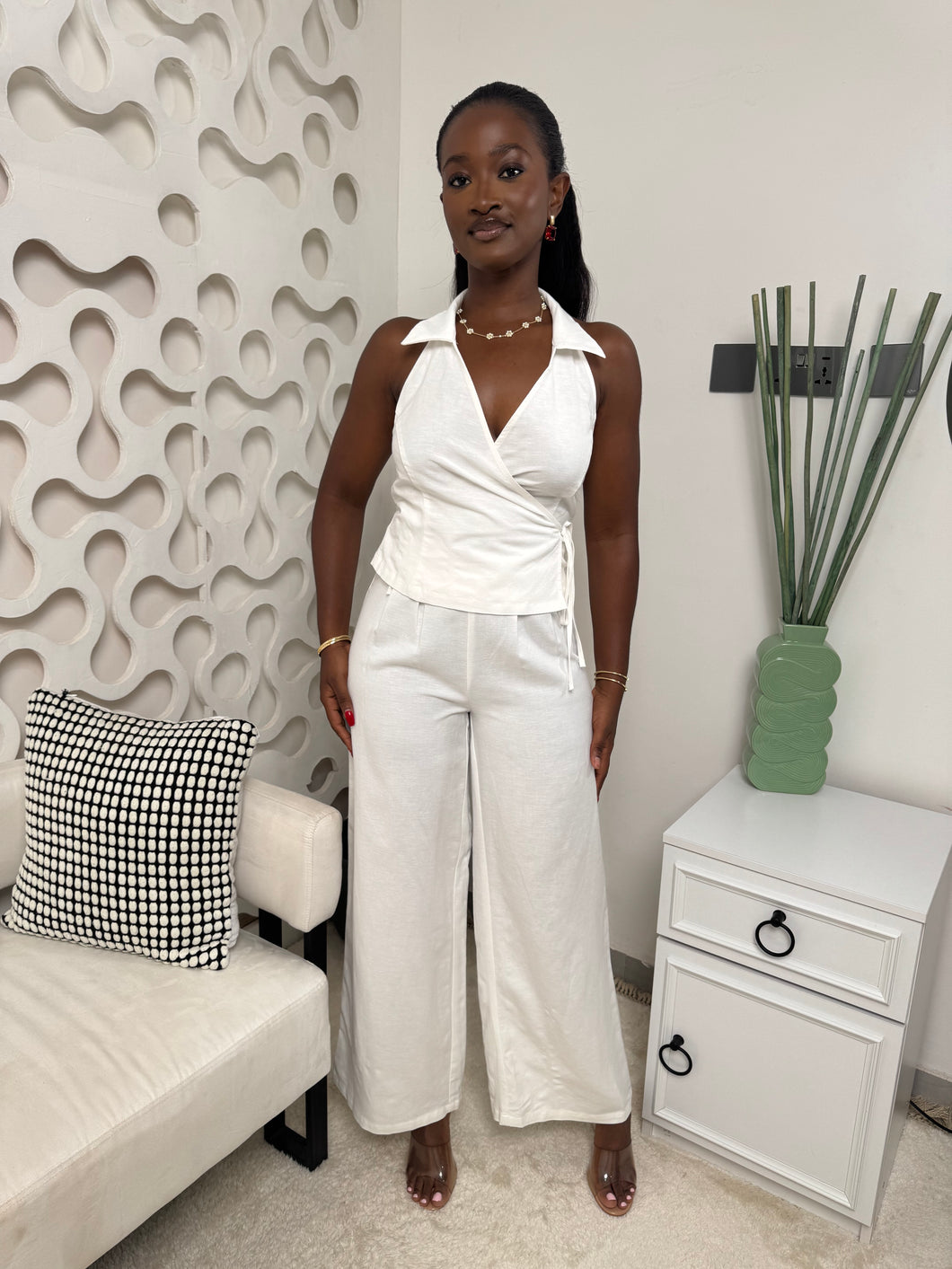 White soft linen trousers tow piece