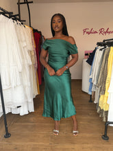 Load image into Gallery viewer, Green satin cowl neck back dress
