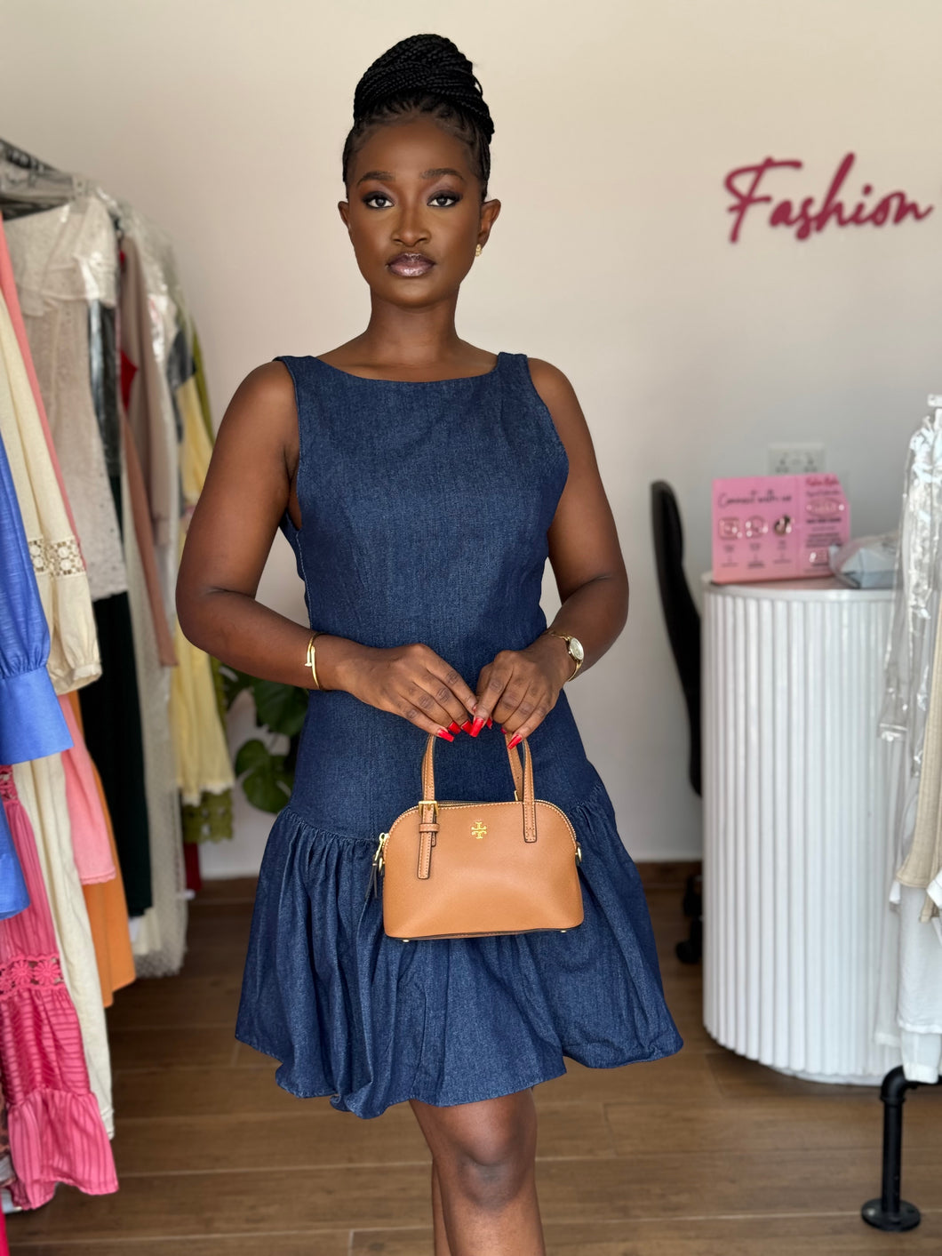 Mini denim fit and flair dress