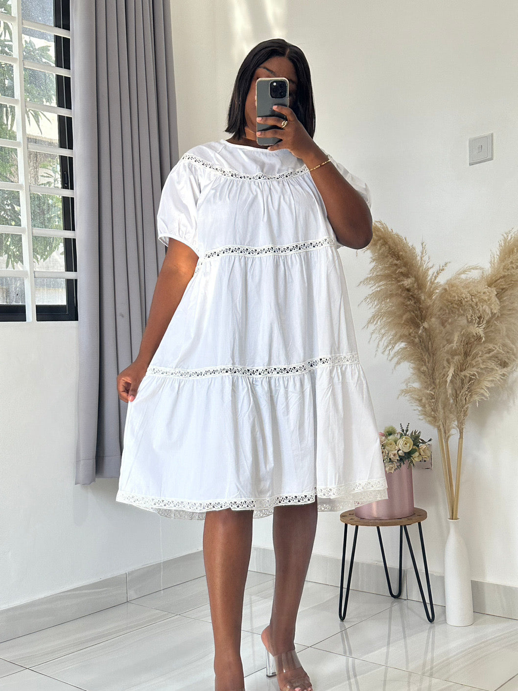 White lace detailed midi shift dress