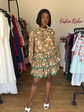 Load image into Gallery viewer, Green and brown floral long sleeves midi dress
