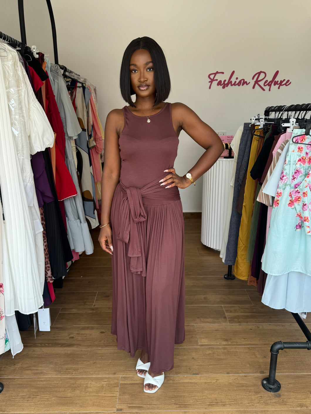 Brown tie up maxi dress