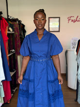 Load image into Gallery viewer, Blue puff sleeves belted dress
